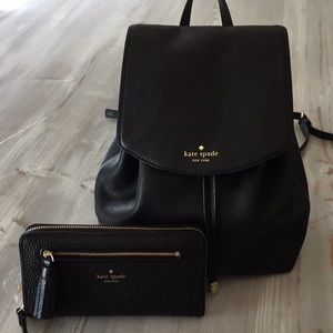 Kate Spade Black Leather Backpack Wallet Set EUC